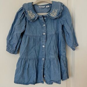 Janie and Jack Light Blue Denim Dress with Floral Embroidery